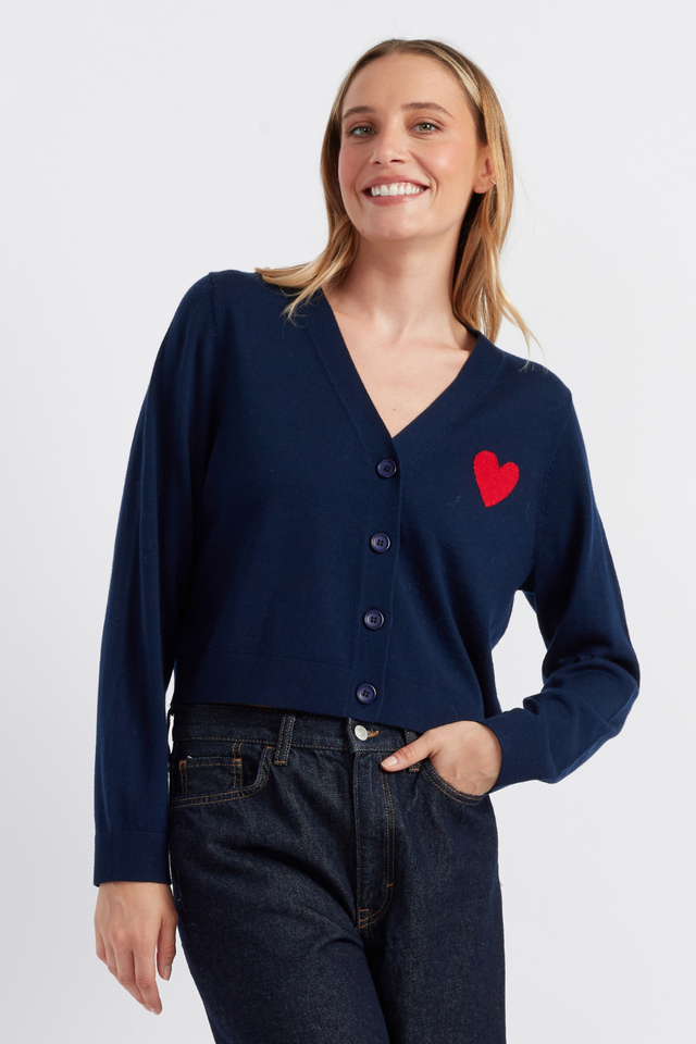 Navy Merino Heart Breton Cardigan image 1