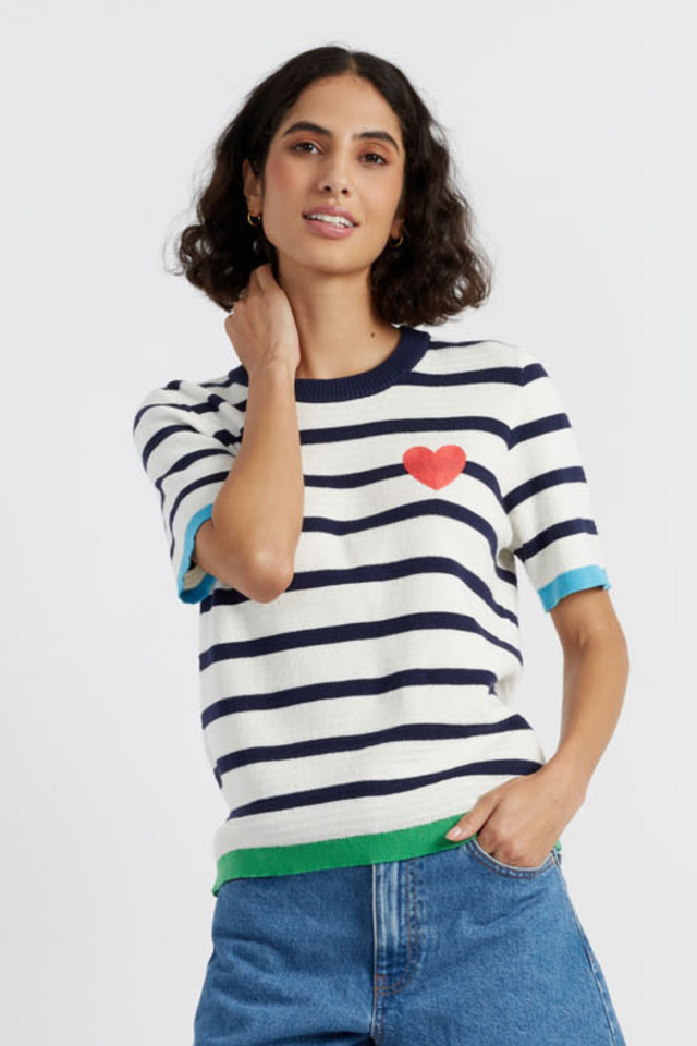 Cream-Navy Cotton Heart Breton Crochet T-Shirt image 1