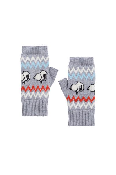 Pair of gray fingerless gloves with animal pattern on a white background