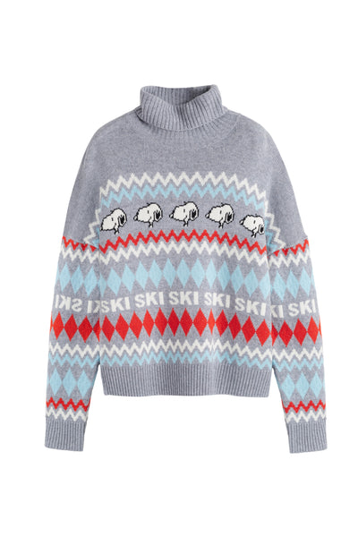 Gray sweater with colorful pattern and text on a white background