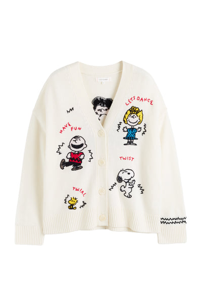 White cardigan with cartoon character illustrations on a white background