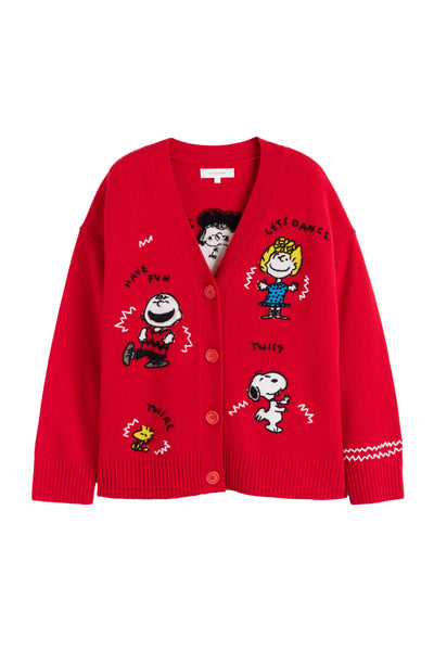 Red cardigan with cartoon character designs on a white background