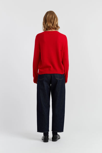 Person wearing a red sweater and dark pants on a white background