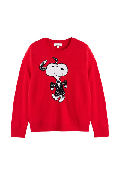Red sweater with a cartoon character design on a white background
