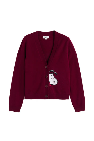 Maroon cardigan with a snowman design on a white background