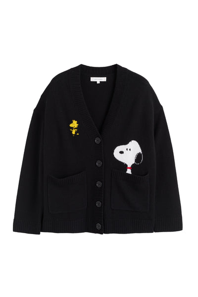 Black cardigan with cartoon character patches on a white background