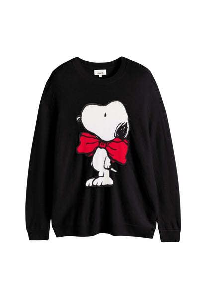 Black sweatshirt with a cartoon character wearing a red bow tie on a white background