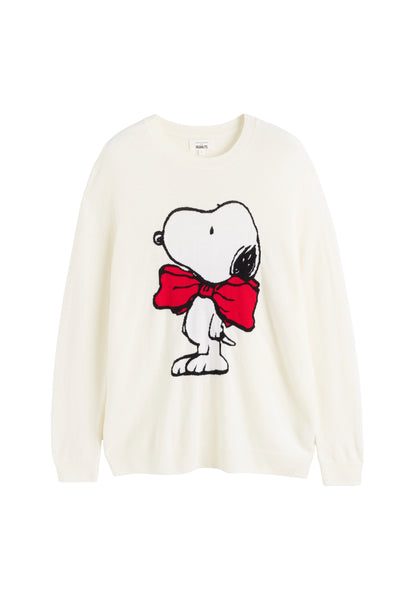 White sweater with a cartoon character wearing a red bow tie on a white background