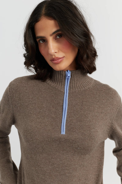 Mushroom Wool-Cashmere Quarter Zip Jumper