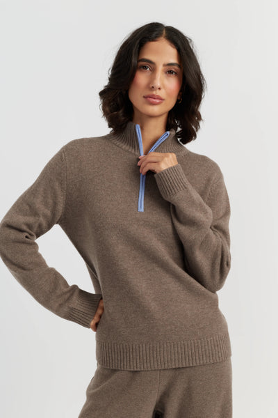 Mushroom Wool-Cashmere Quarter Zip Jumper