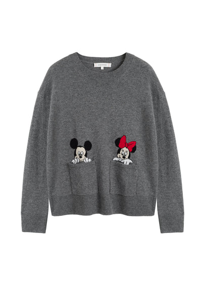Grey Wool-Cashmere Mickey & Minnie Peek Pocket Sweater