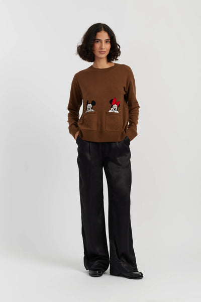 Toffee Wool-Cashmere Mickey & Minnie Peek Pocket Sweater