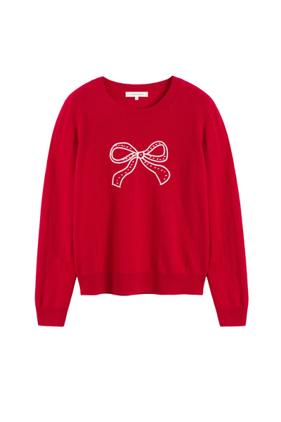 Red Wool-Cashmere Bow Embroidered Sweater