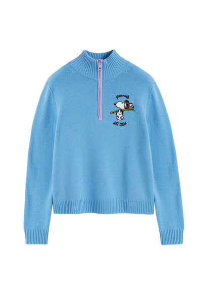 Sky-Blue Wool-Cashmere Snoopy Quarter Zip Sweater