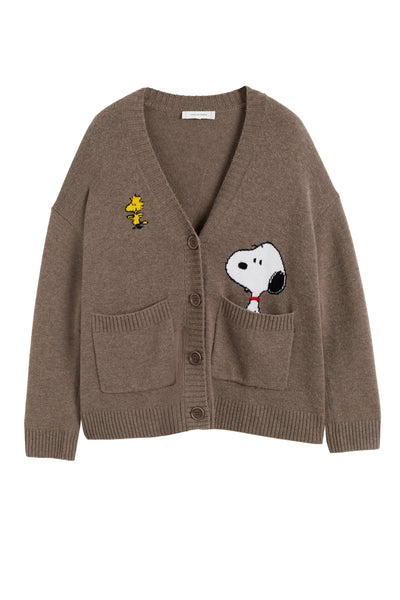 Oatmeal Wool-Cashmere Snoopy Peek Pocket Cardigan