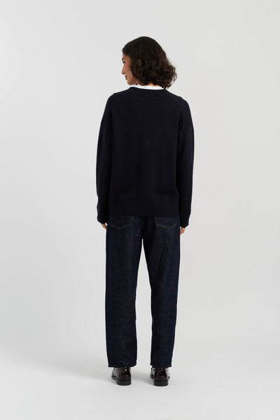Navy Wool-Cashmere Snoopy Peek Pocket Cardigan