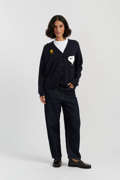 Navy Wool-Cashmere Snoopy Peek Pocket Cardigan