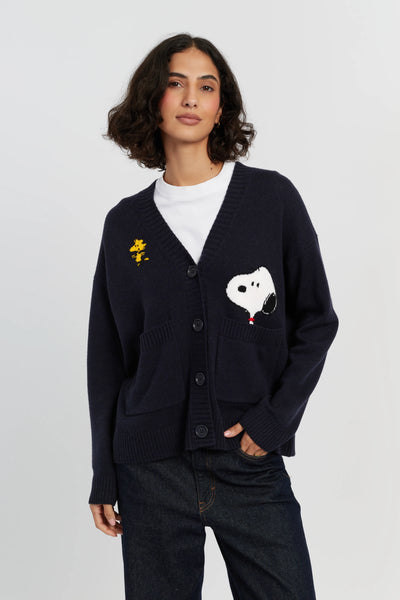 Navy Wool-Cashmere Snoopy Peek Pocket Cardigan