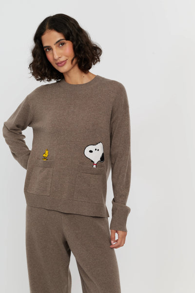 Oatmeal Wool-Cashmere Snoopy Peeking Pocket Sweater