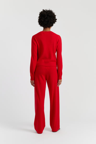 Velvet-Red Wool-Cashmere Crew Neck Cardigan