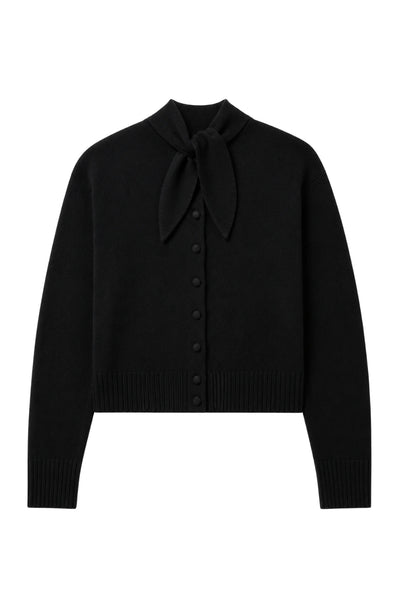 Black Wool-Cashmere Tie Neck Cardigan