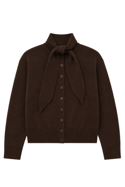 Chocolate Wool-Cashmere Tie Neck Cardigan