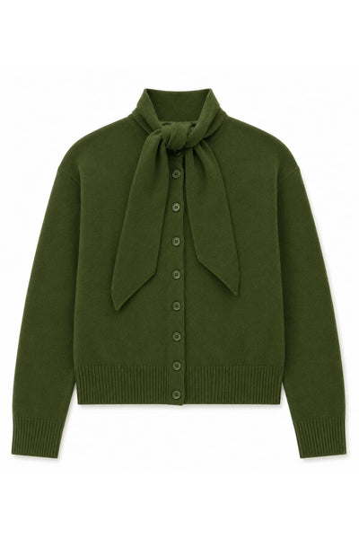 Green Wool-Cashmere Tie Neck Cardigan