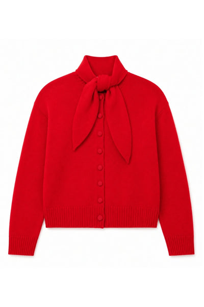 Velvet-Red Wool-Cashmere Tie Neck Cardigan