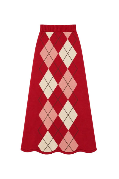Red Wool-Cashmere Argyle Skirt