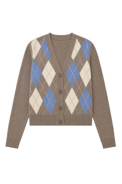 Mushroom Wool-Cashmere Argyle Cardigan