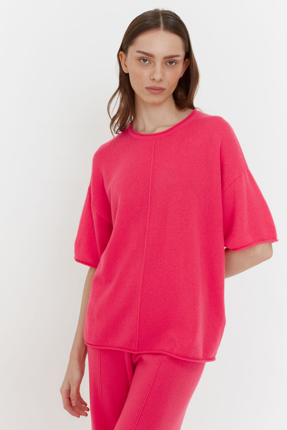 Bright-Coral Wool-Cashmere Boxy T-Shirt