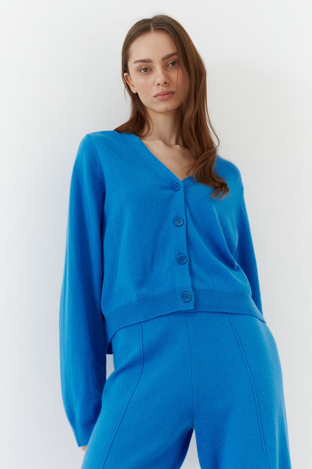 Denim-Blue Wool-Cashmere Cropped Cardigan