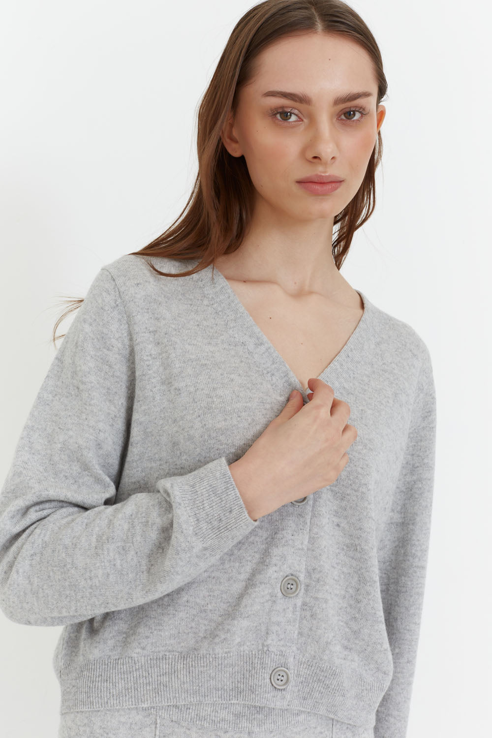 Grey-Marl Wool-Cashmere Cropped Cardigan