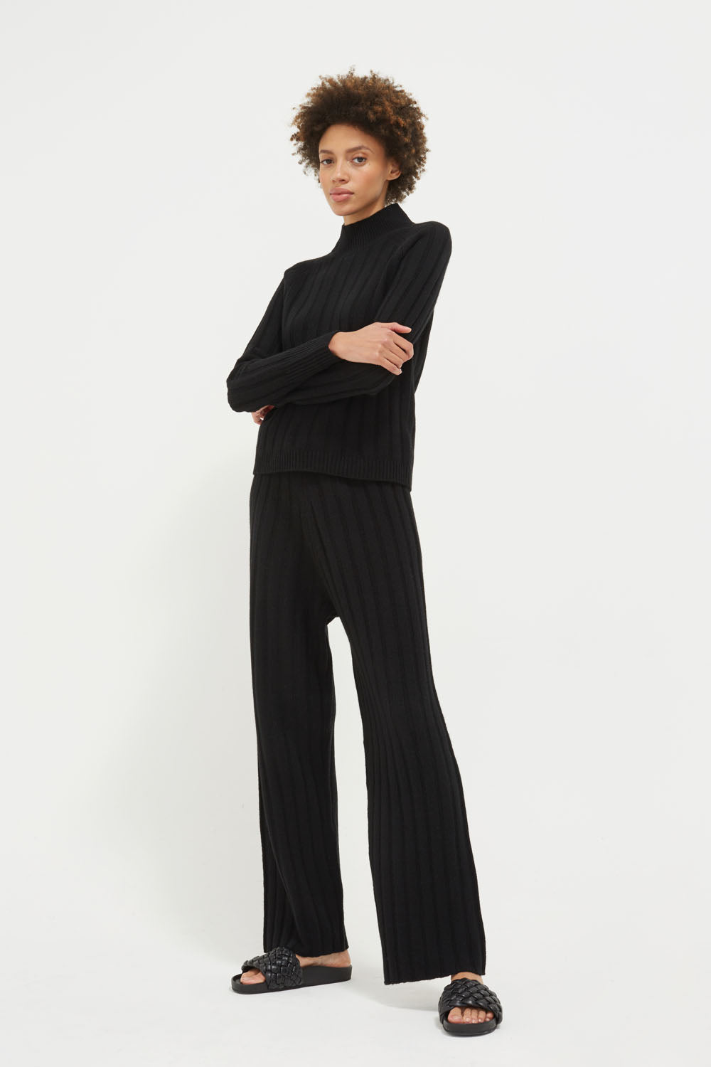 Black Cashmere Ribbed Wide-Leg Pants